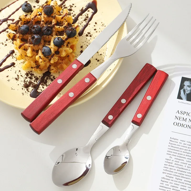 16pcs Mirror 304 Stainless Steel Real Wood Handle Cutlery Portable Dinner Knife Fork Tea Spoon Dinnerware Tableware Kitchen