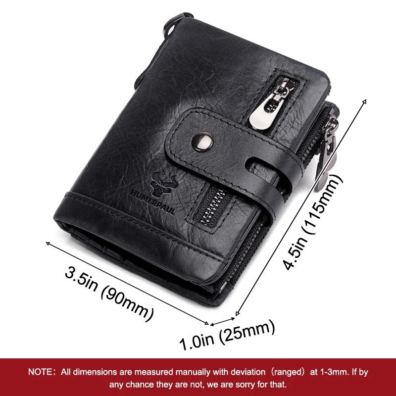 HUMERPAUL Men Bifold Wallet with 2 Bill Comparments Cowhide RFID Male Money Card Holder Purse Short Double Zipper Coin Pockets