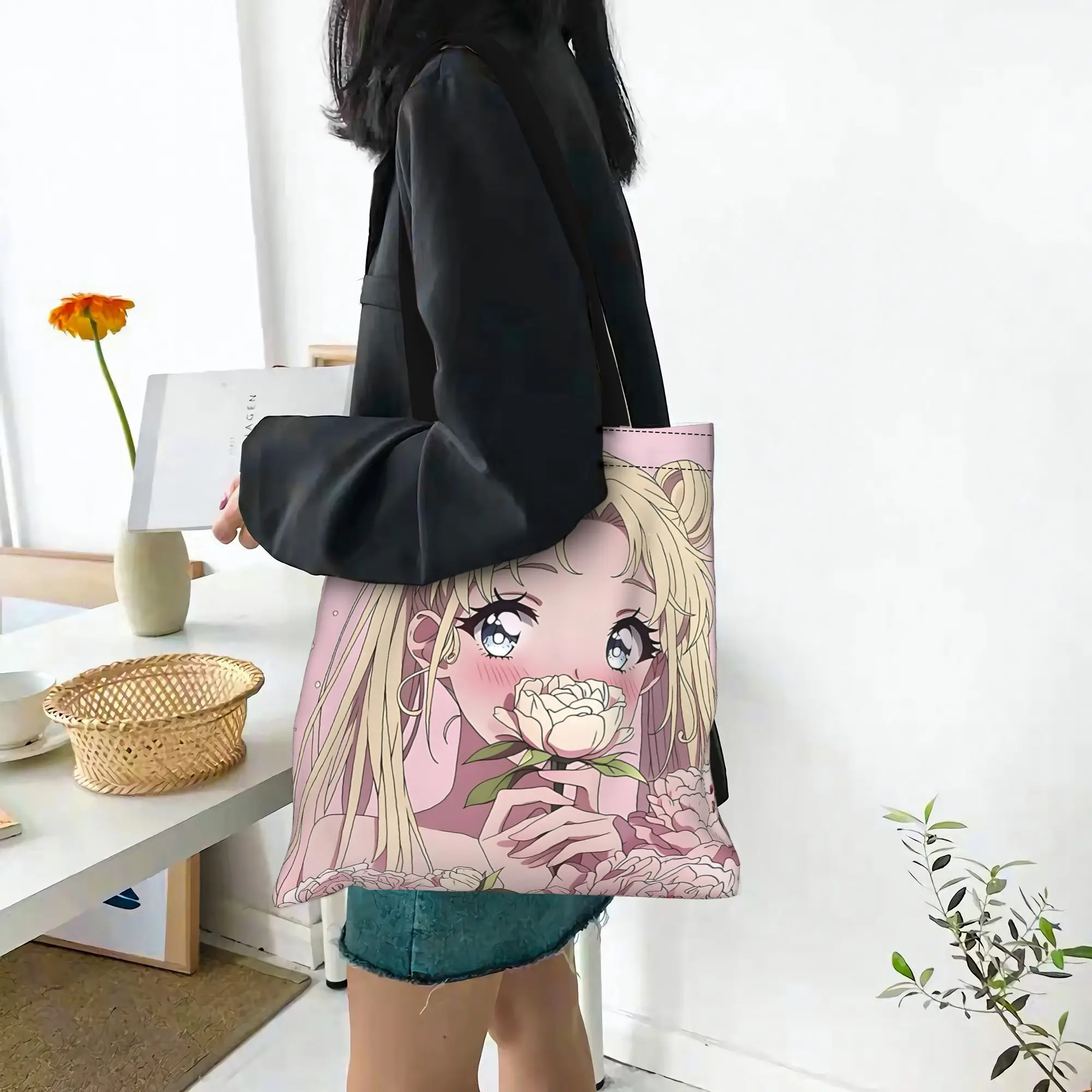 Customized Sailor Moon Women's Bag Shopping Bag Reusable Double Sided Canvas Tote Bag Shoulder  Handbag