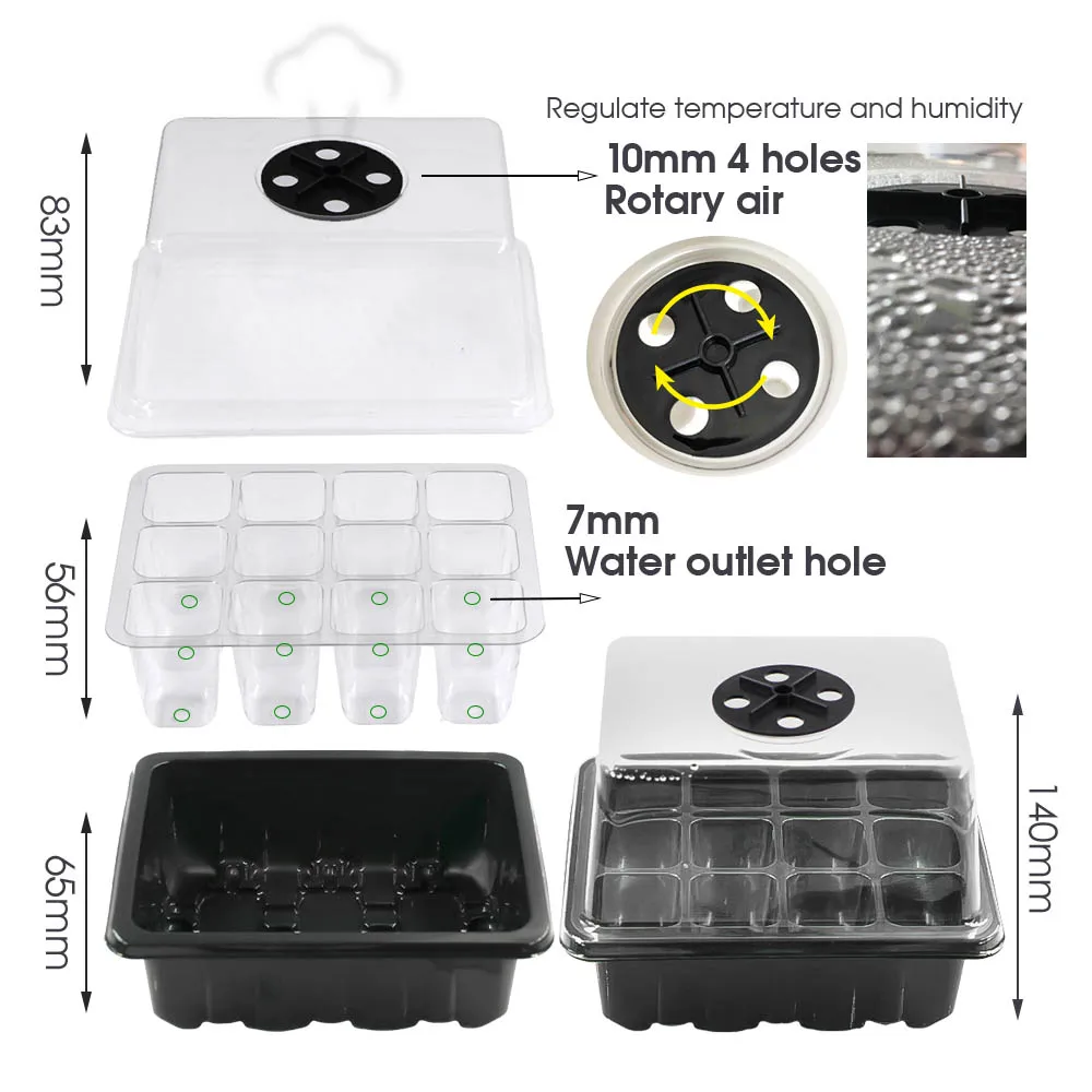 12 Cells Nursery Seedling Trays Germination Box with Transparent Cover Indoor Garden Greenhouse Growth Pots Adjustable Humidity