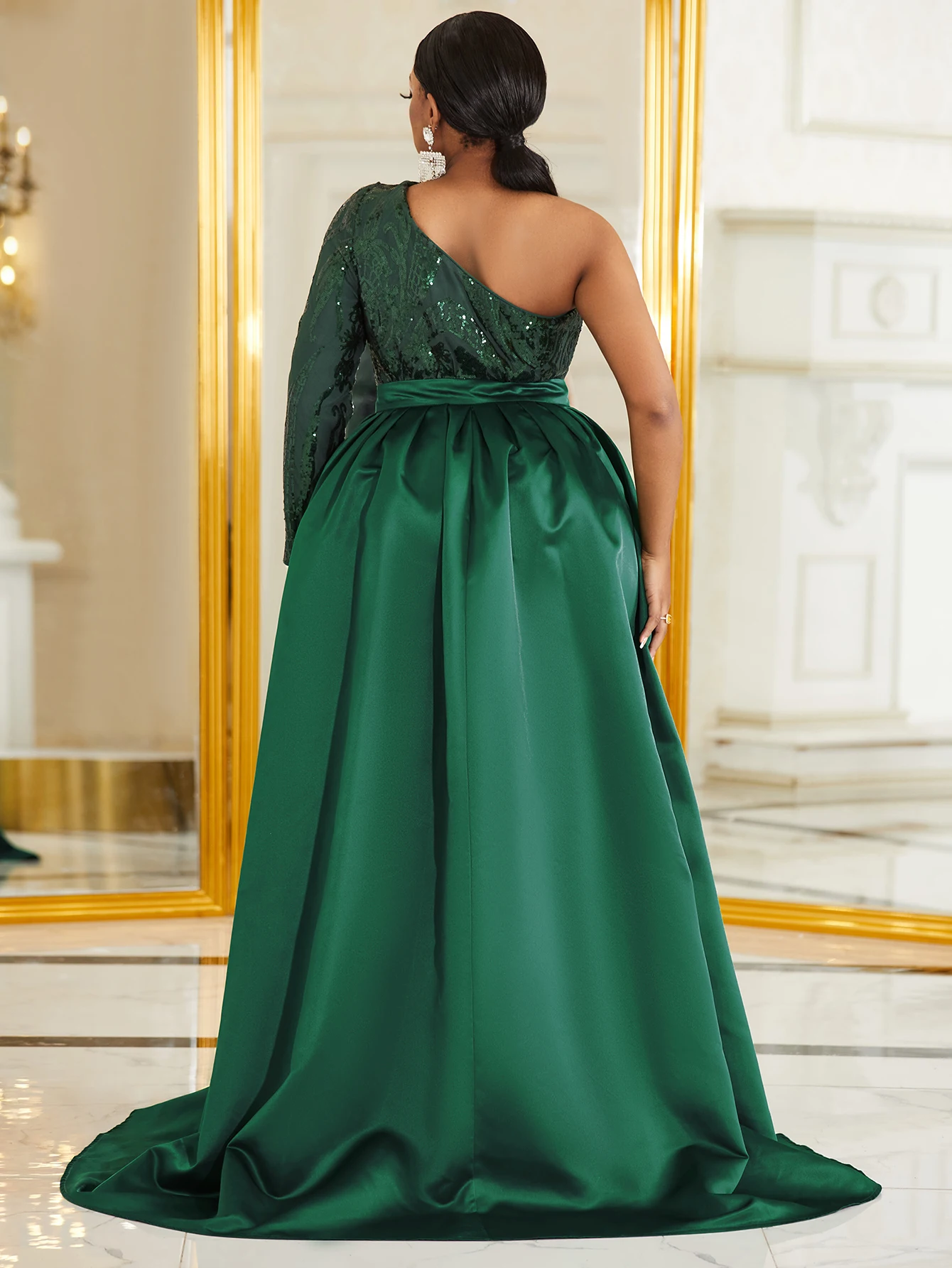 Plus One Shoulder Contrast Sequins Belted Prom Dress