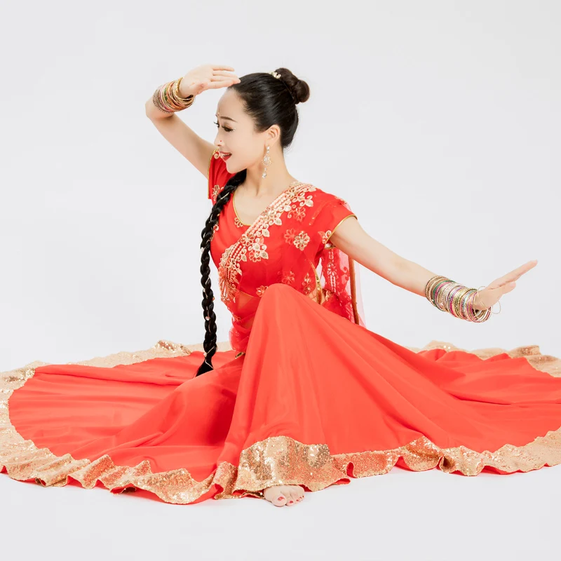 customized Indian belly dance costumes women's Bollywood gold border big swing skirt with edge covering Kurta Sariana versatile