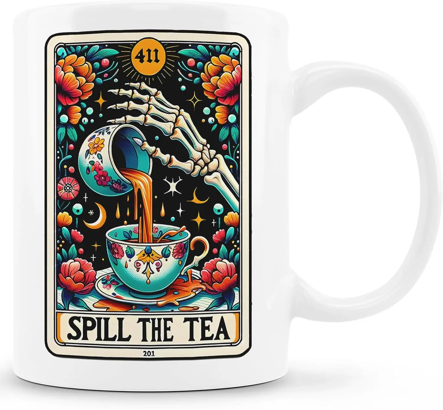 Spill the Tea Funny Coffee Mug 11oz - Goth Gifts for Women, Unique Tarot Card Skeleton Ceramic Mug, Tea Mug, Hot Choclate Mug, F