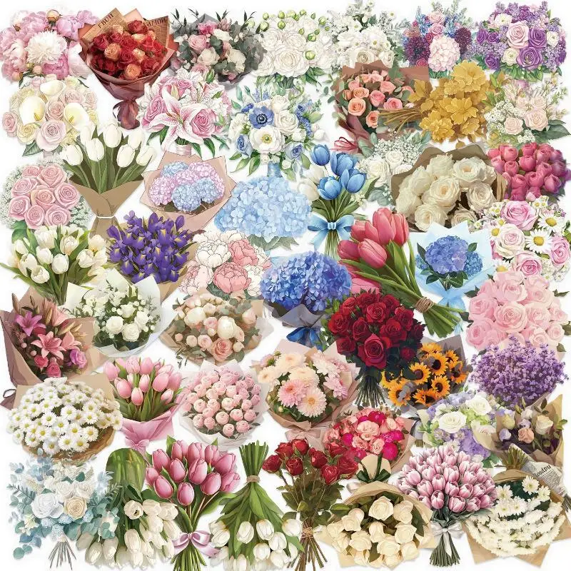 50Pcs Creative Satin Dream Flower Gift Graffiti Stickers ​​DIY Luggage Notebook Water Cup PET Waterproof Decals