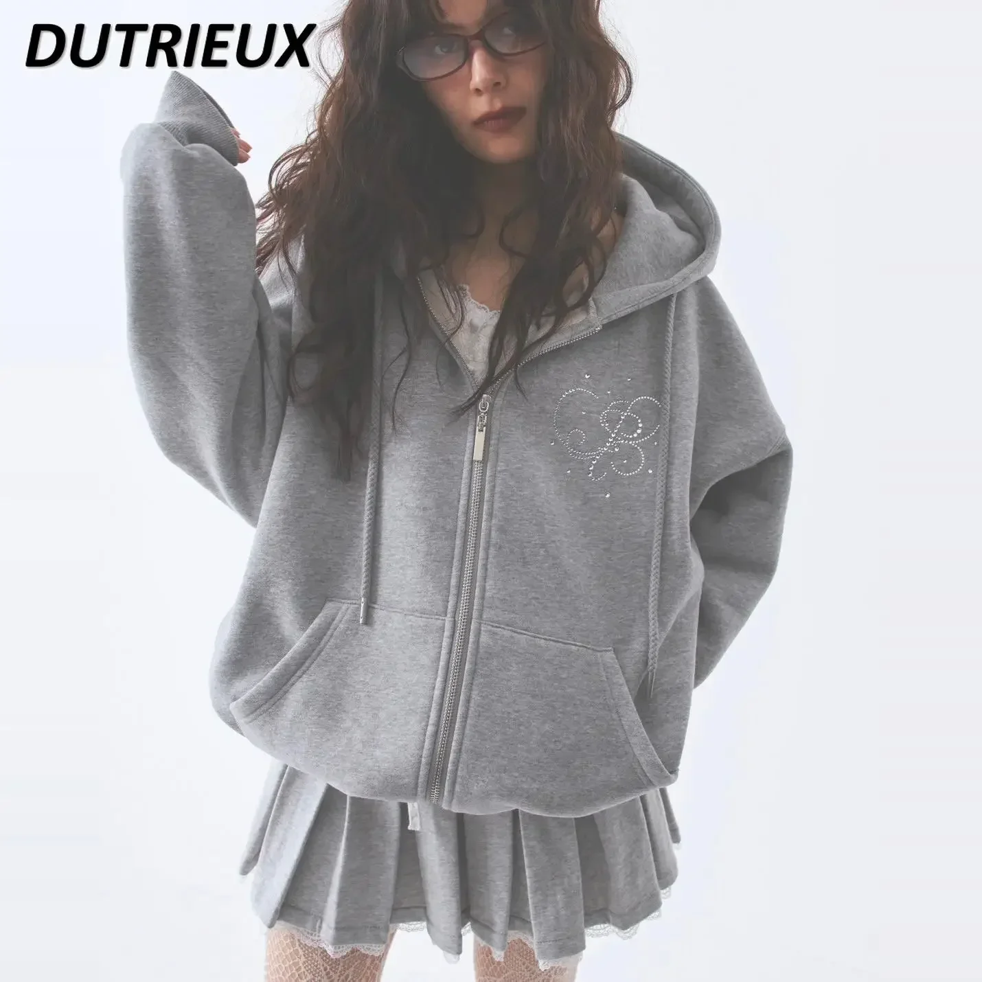 Japanese Pure Desire Loose Mid-length Oversize Hooded Sweatshirt Cardigan Sweet Girl Solid Color Versatile Zipper Hoodies Jacket