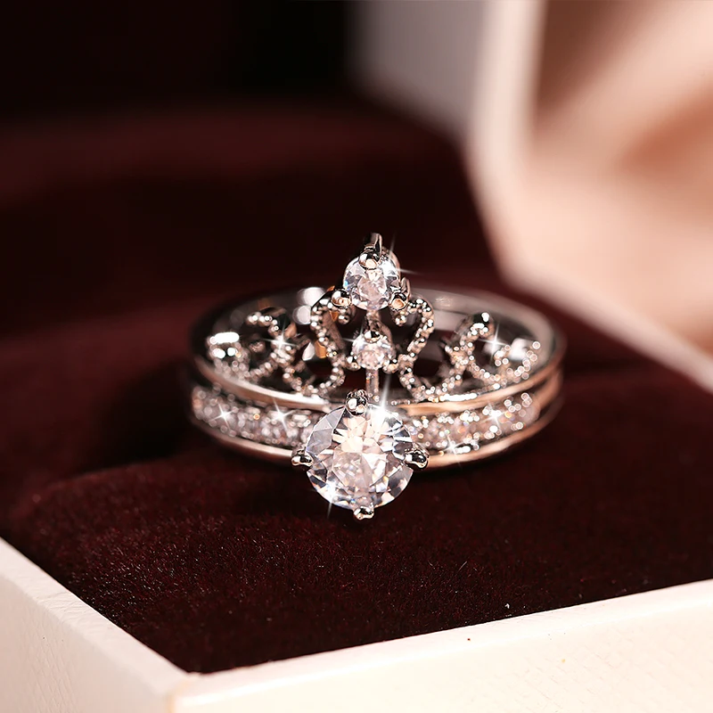 New Domineering Gorgeous Style 925 Silver Crown Ring AAAA Shiny Zircon Double Ring Fashion Party Queen Ring Ladies Jewelry