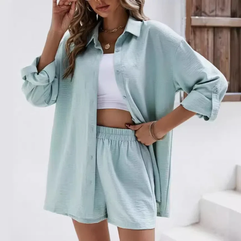 Women's Solid Color Lapel Long Sleeved Shirt Elastic High Waisted Shorts Fashionable Casual Set