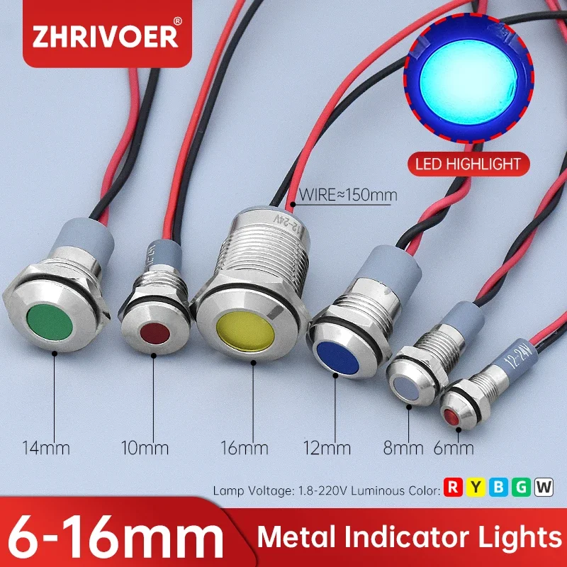 1pcs 6mm 8mm 10mm 12mm 14mm 16mm 19mm 22mm 25mm 30mm Waterproof IP67 Metal LED Warning Indicator Light Signal Lamp Pilot Wire