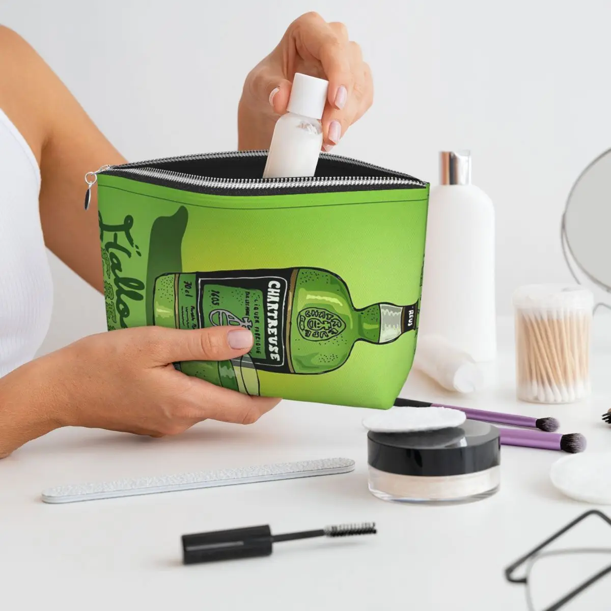 Botella verde Chartreuse, pintura al óleo, bebida 1, bolsa de cosméticos para mujer, bolsa organizadora de maquillaje de viaje, almacenamiento de artículos de tocador, estuche Dopp