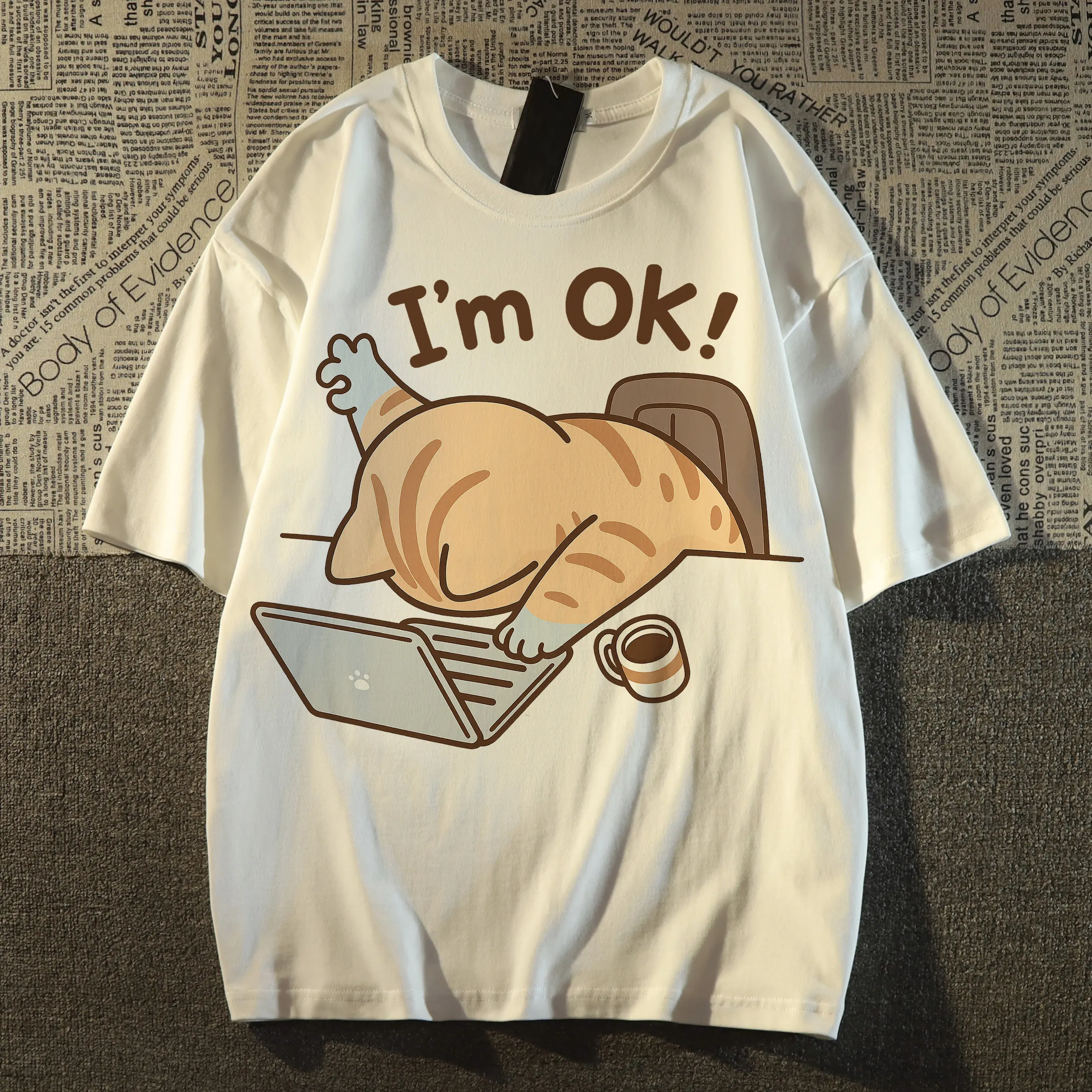 Versatile Funny Quirky Cat-Themed 'I M OK' Print 2026 Summer Casual Short-Sleeved T-Shirt for Children And Adults