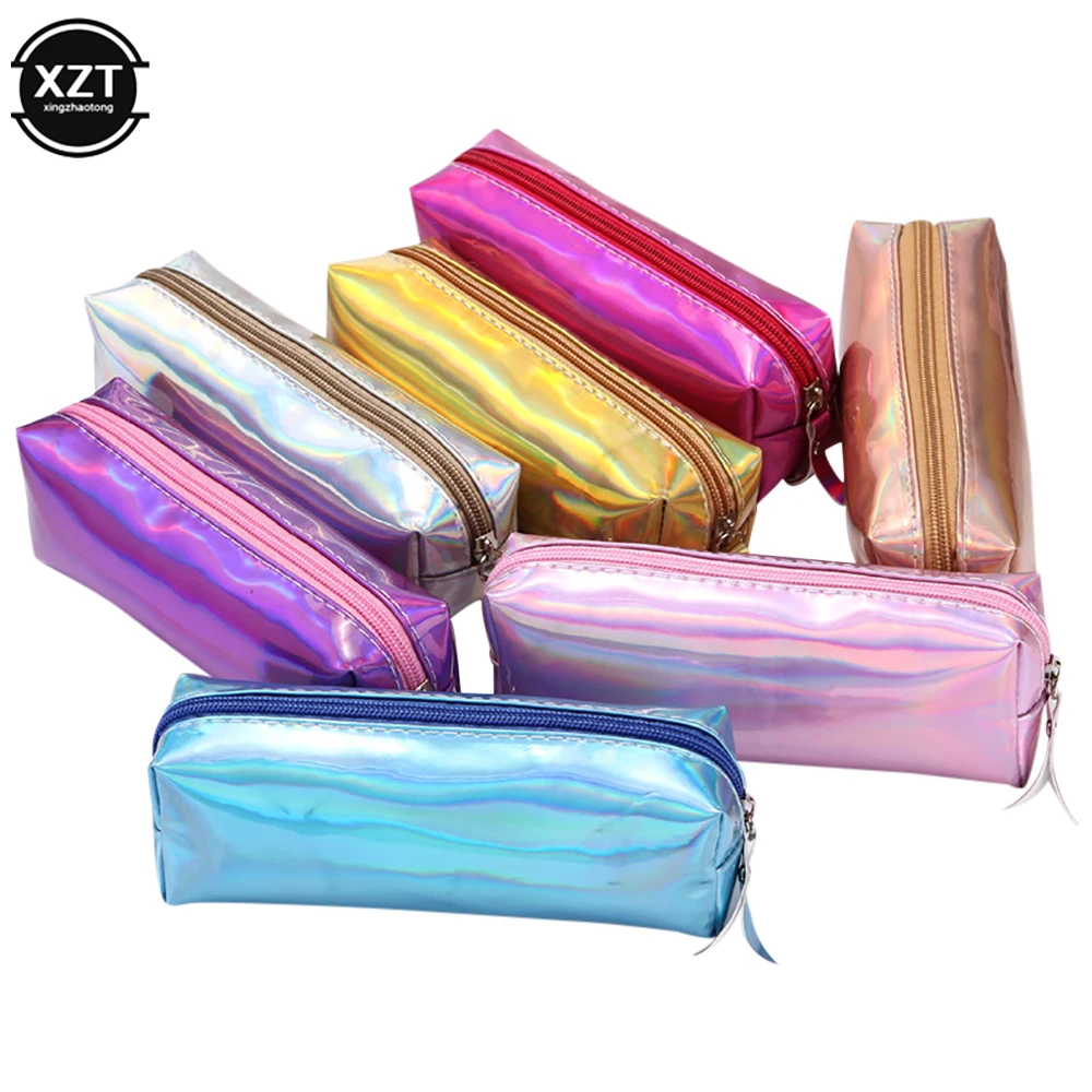 Colorful Waterproof Laser Pencil Case Rose Gold Pu Quality Supplies Kawaii Stationery Pencil Box  Stationery Makeup Storage Bag