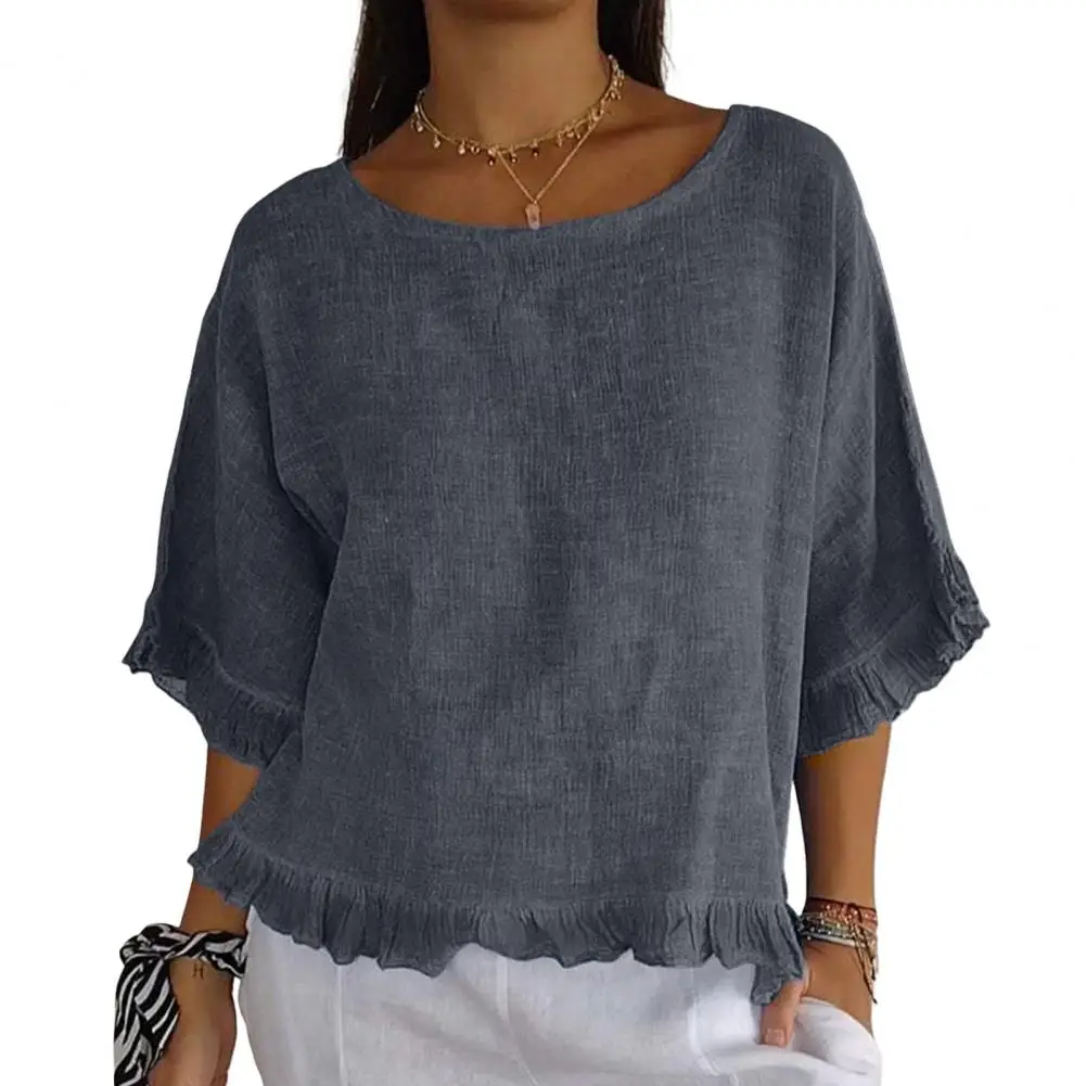 

Round Neck Blouse for Women's Short Sleeve Tops for Office Wear Loose Fit Blouse Versatile Pullover for Party