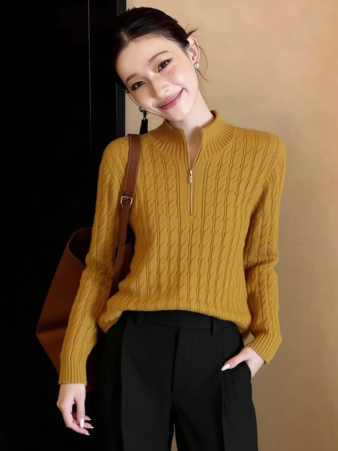 

Spring Knitted Sweater f Zip Long Sve Commute Korean Sle Anti-Aging Slimming Knitwear Comfortable Medium Softn