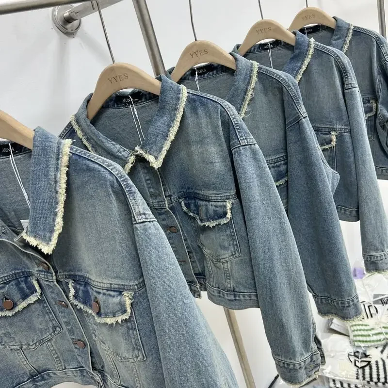 Pop lente nieuwe retro geborstelde rand denim jack met ontwerp temperament denim top voor dagelijks gebruik veelzijdige jas trendy outfit