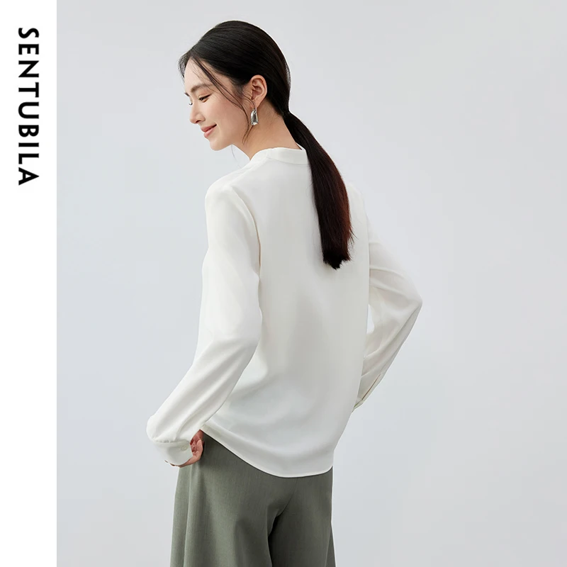 SENTUBILA Office Lady White Shirt for Women 2024 Autumn Solid V Neck Single Breasted Long Sleeve Elegant Folds Tops 151C56196