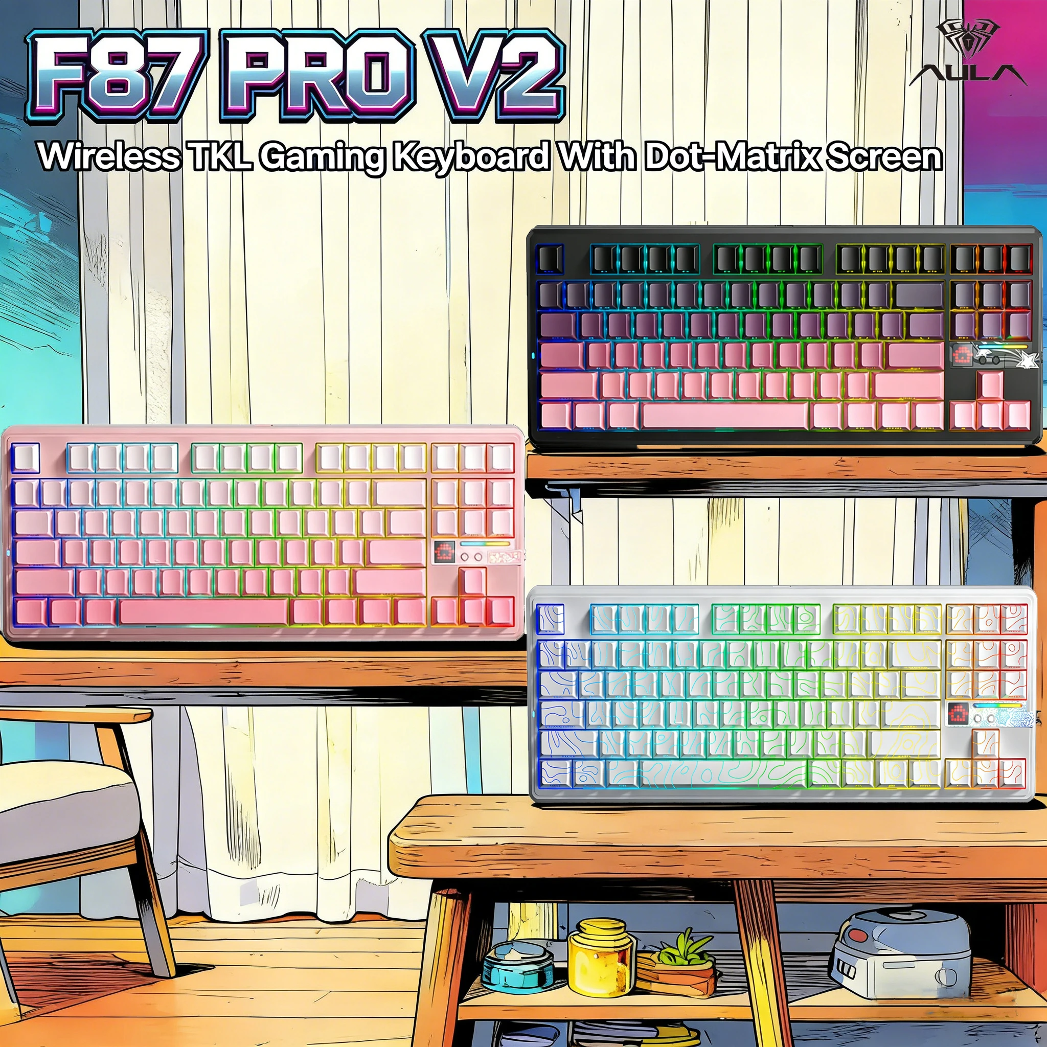 AULA F87 Pro V2 Gaming Mechanical Keyboard, Tri-Mode Wireless,RGB Backlight, Hot-Swappable, 10000mAh Large Battery, for PC Gamer