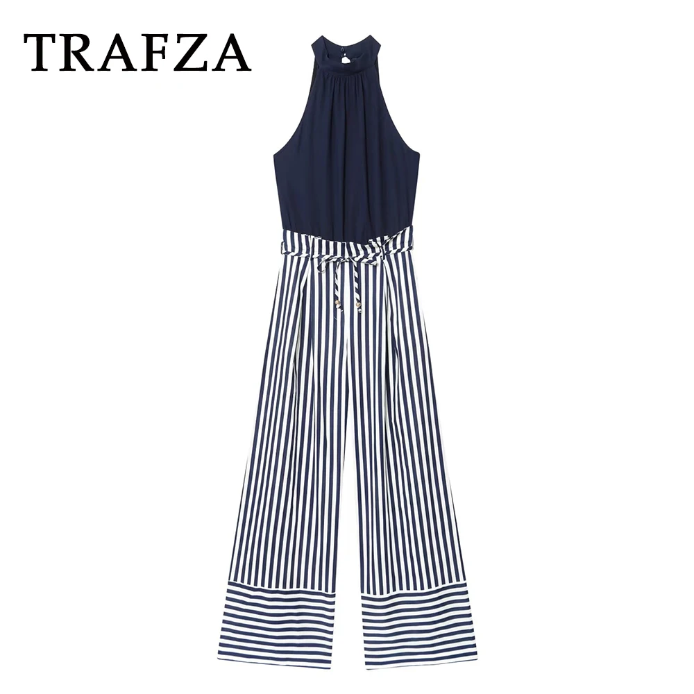 

TRAFZA 2025 Chic Women Long Striped Jumpsuits High Waist Zipper Sashes Patchwork Bodysuits Wide Leg Elegant Teacher Playsuits