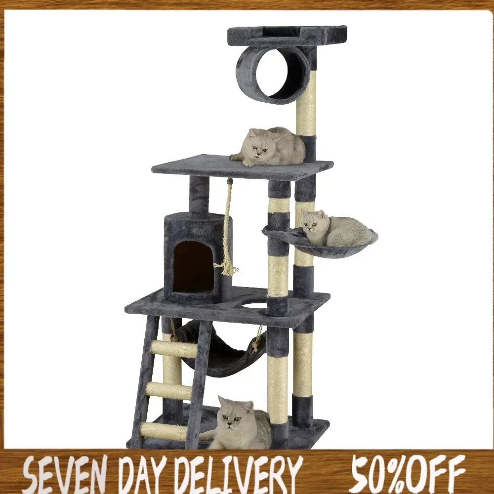 

62"Classic Cat Tree Kitty Tower Kitten Condo Scratcher for Indoor Cats with Sisal Posts, Condo, Ladder Soft Perch, Hammock Gray