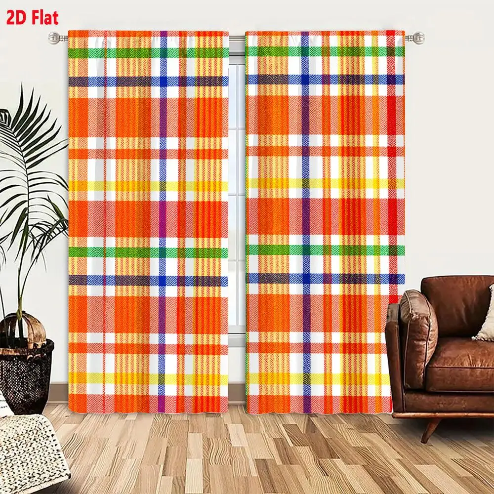 2Pcs Curtains 2D Flat Vibrant Bright Orange Plaid Pattern With White Yellow Green Blue And Purple Stripes Window Drapes for Bedr