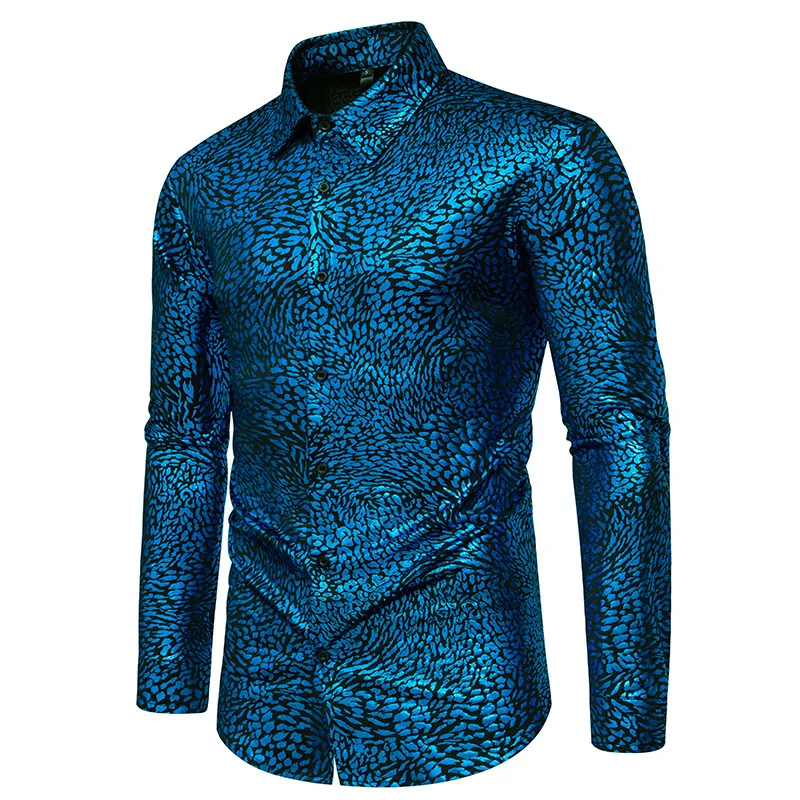 

Blue Sexy Leopard Tuxedo Shirt Men 2024 Brand Long Sleeve Button Down Dress Shirts Men 70s Disco Party Nightclub Shirt Male XXL