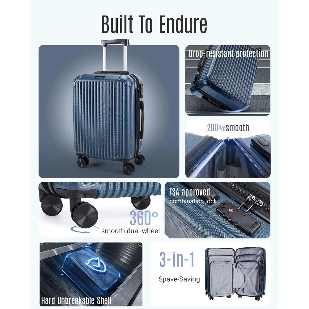 LIGHT FLIGHT 3 Piece Luggage Sets With Spinner Wheels Hardshell TSA Lock