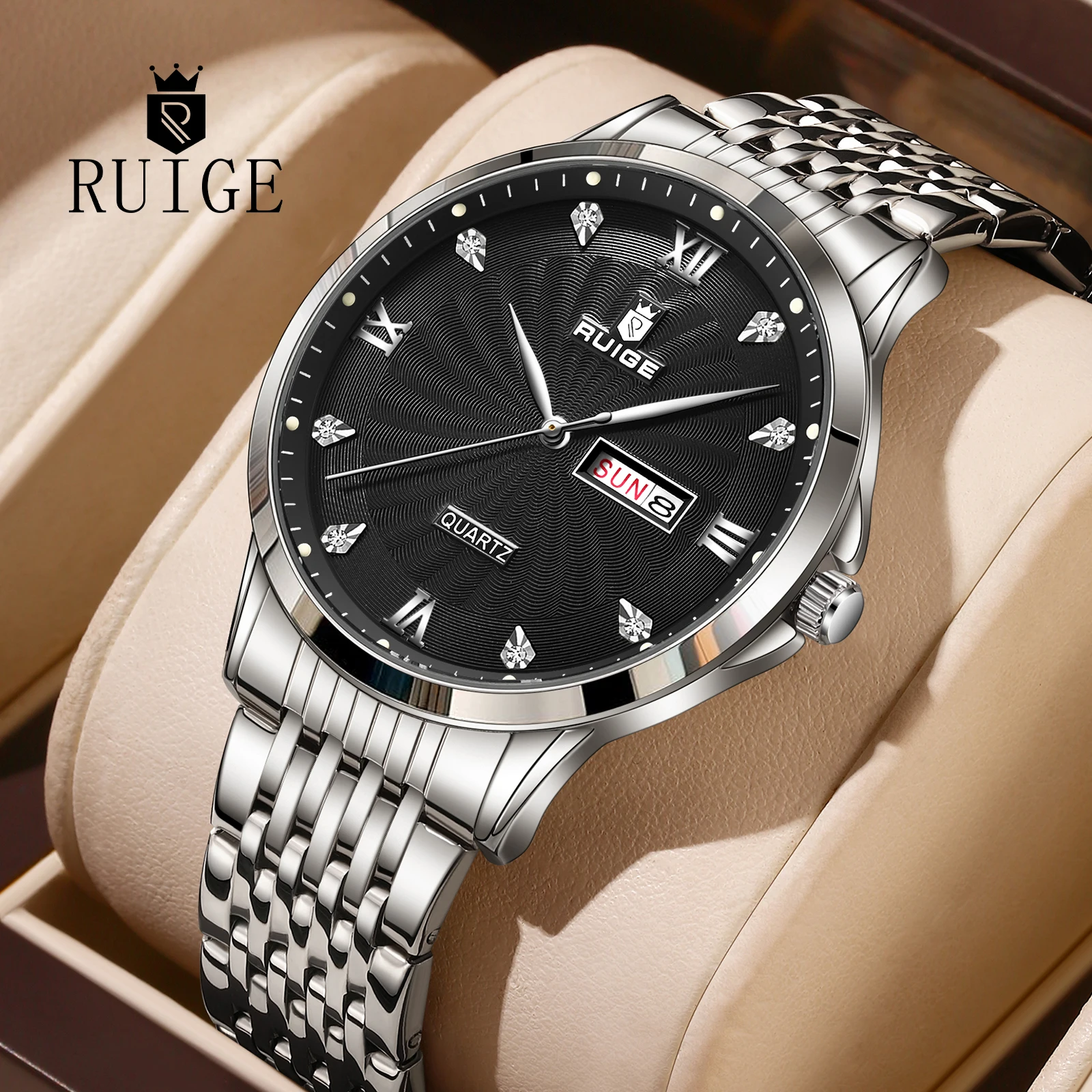 RUIGE Men's Texture Business Quartz Watch, Stainless Steel Strap, Weekly Calendar, Men's Night Light Waterproof Versatile Watch