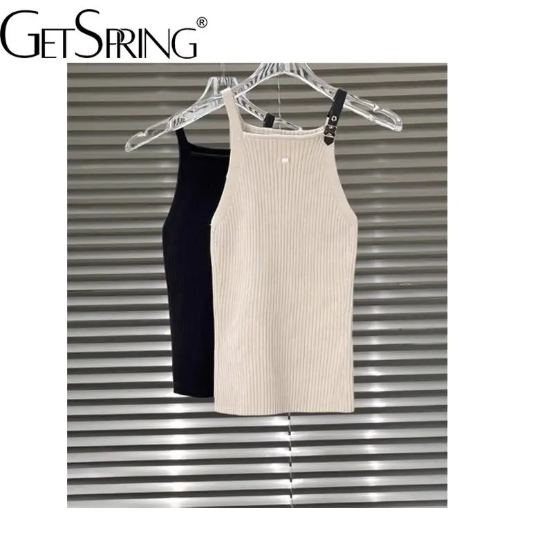 GetSpring Women Camis 2025 Spring Summer Fashionable Embroidered Leather Knitted Camisole Vest All Match Slim Thin Short Tops