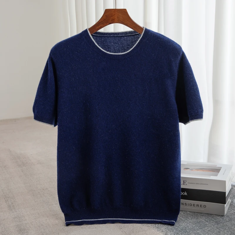

Splicing Together Cashmere Pullover Men Knitwear Pure Wool Sweater O-Neck Short Sleeve Business Casual Soft Warm Clothing Tops