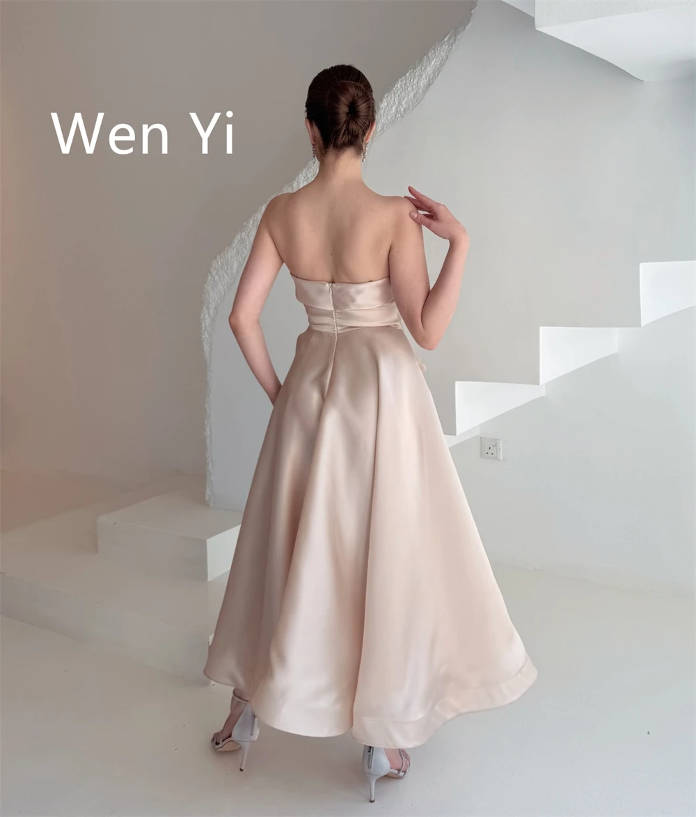 

Customized Elegant Satin Evening Dresses Fashion Strapless Sleeveless Celebrity Gowns Soft Sweep Train Special Occasion Gowns