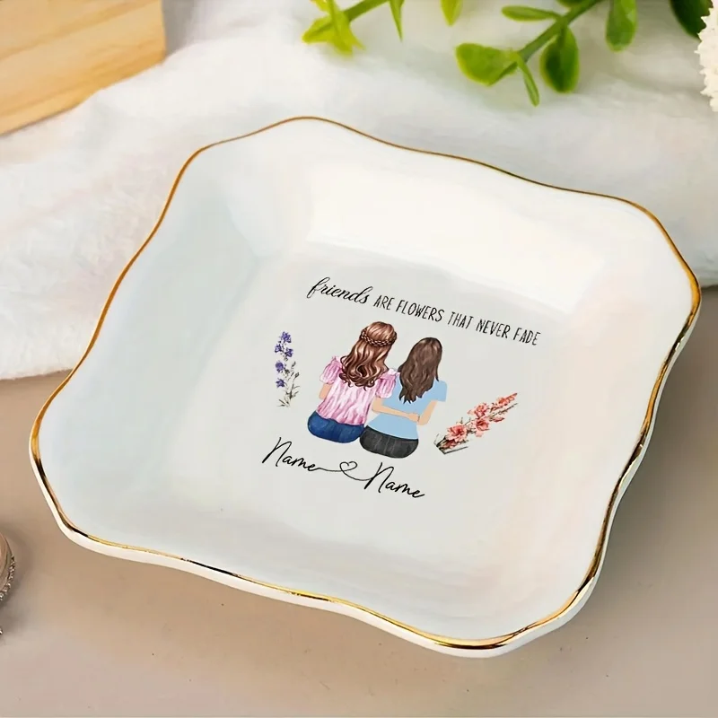 1pc, customized name, flower/letter print pattern, ceramic jewelry dish, suitable for bedroom, office, desktop, dressing table,