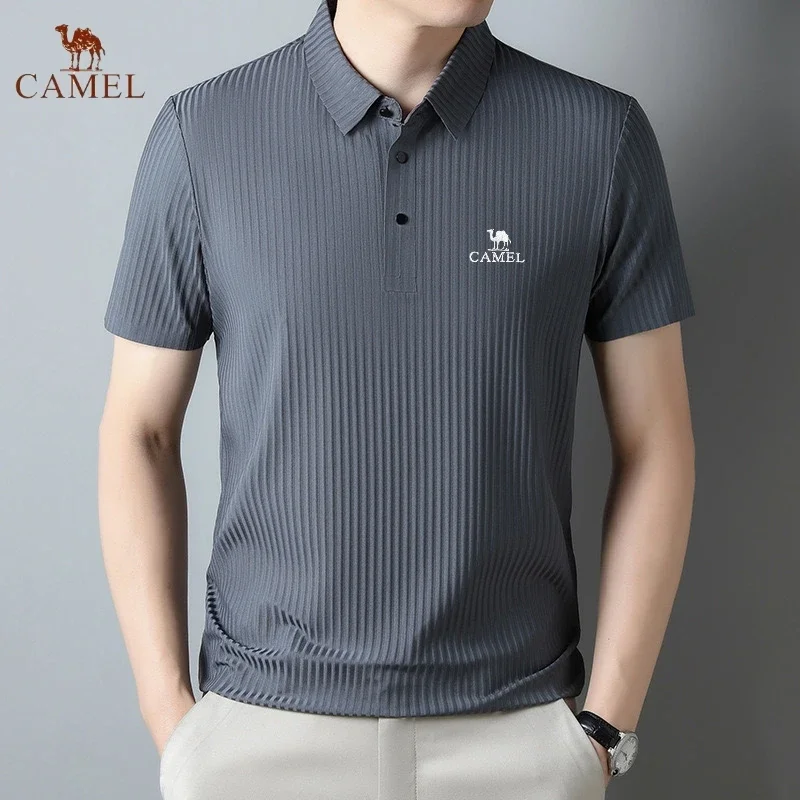 Embroidered CAMEL High End Ice Cool Silk Smooth Ice Silk Polo Shirt Men's Summer Striped Business Casual Breathable T-shirt Top