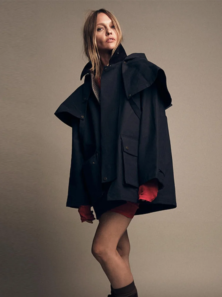 

Women's Casual Cloak Short Jackets Navy Blue Fashion Design Sense Style Detachable Hat Coat 2025 New Lady Autumn Streetwear