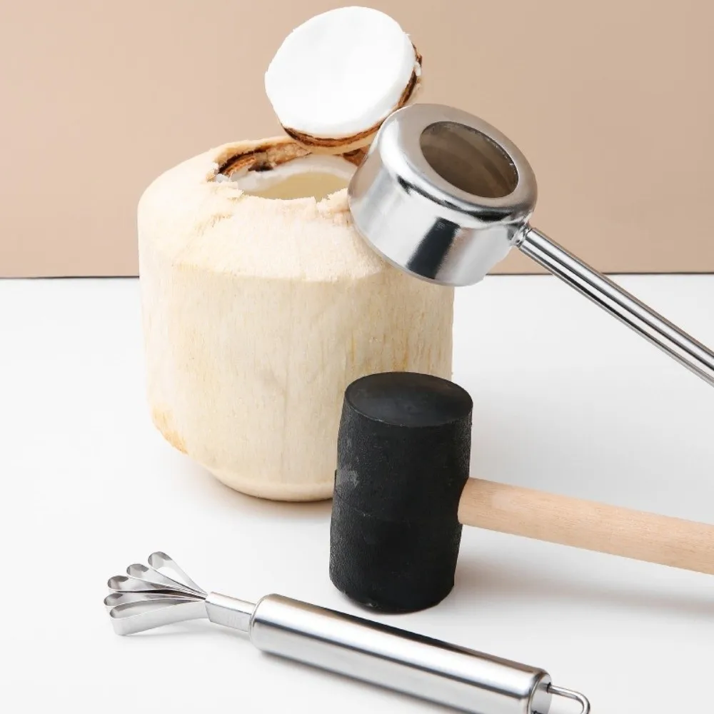 

Stainless Steel Coconut Opener Tools Rubber Hammer Multi-functional Coconut Breaker Kit Wooden Handle Heavy Duty Coconut Puncher