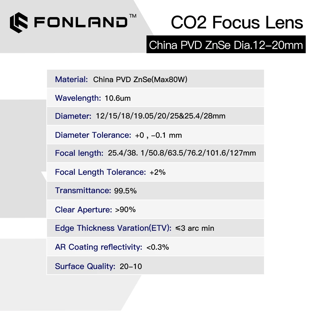 Fonland ZnSe Focus Lens PVD Laser Lens Dia.18/19.05/20 FL38.1/50.8/63.5/76.2/101.6/127mm for CO2 Laser Engraving Cutting Machine