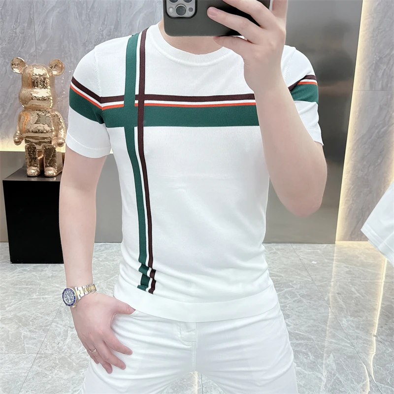 2024 Summer Stripe Knitted T-shirt Men Slim Fit Short Sleeve T-shirt Versatile Round Neck Ice Silk Casual Business Tee M-4XL