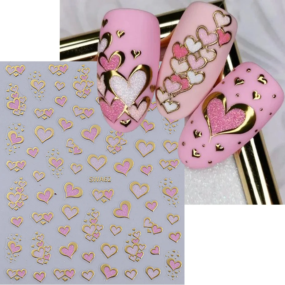 3D Gold Lines Love Heart Nail Sticker Colorful Heart Valentine's Day Design Self-adhesive Decal DIY Manicure Art Decoration Tips