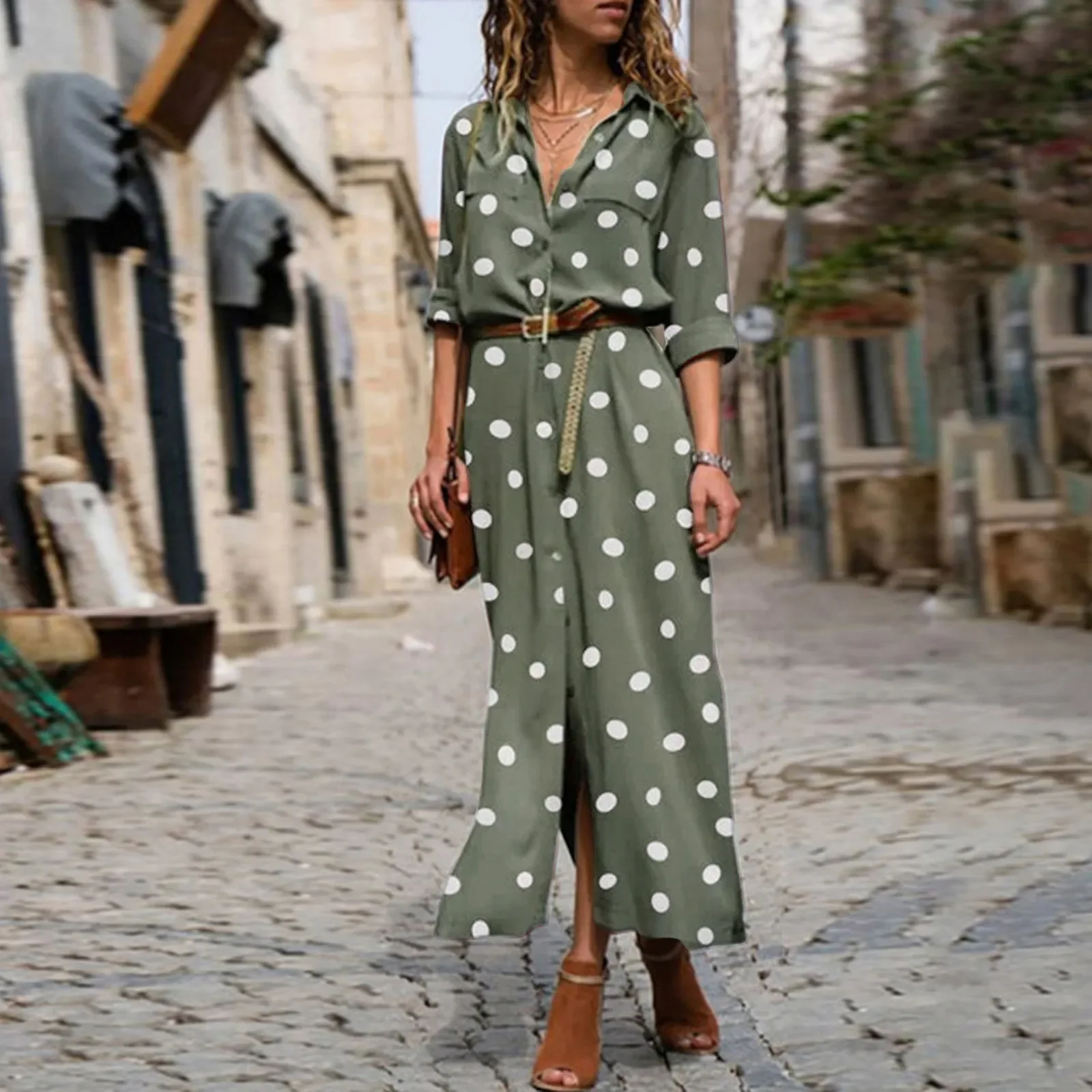 

Long Sleeve Polka Dot Print Maxi Dresses Women'S Button Slit Long Flowy Shirt Dress Korean Street Trend Outfits Vestido Feminino