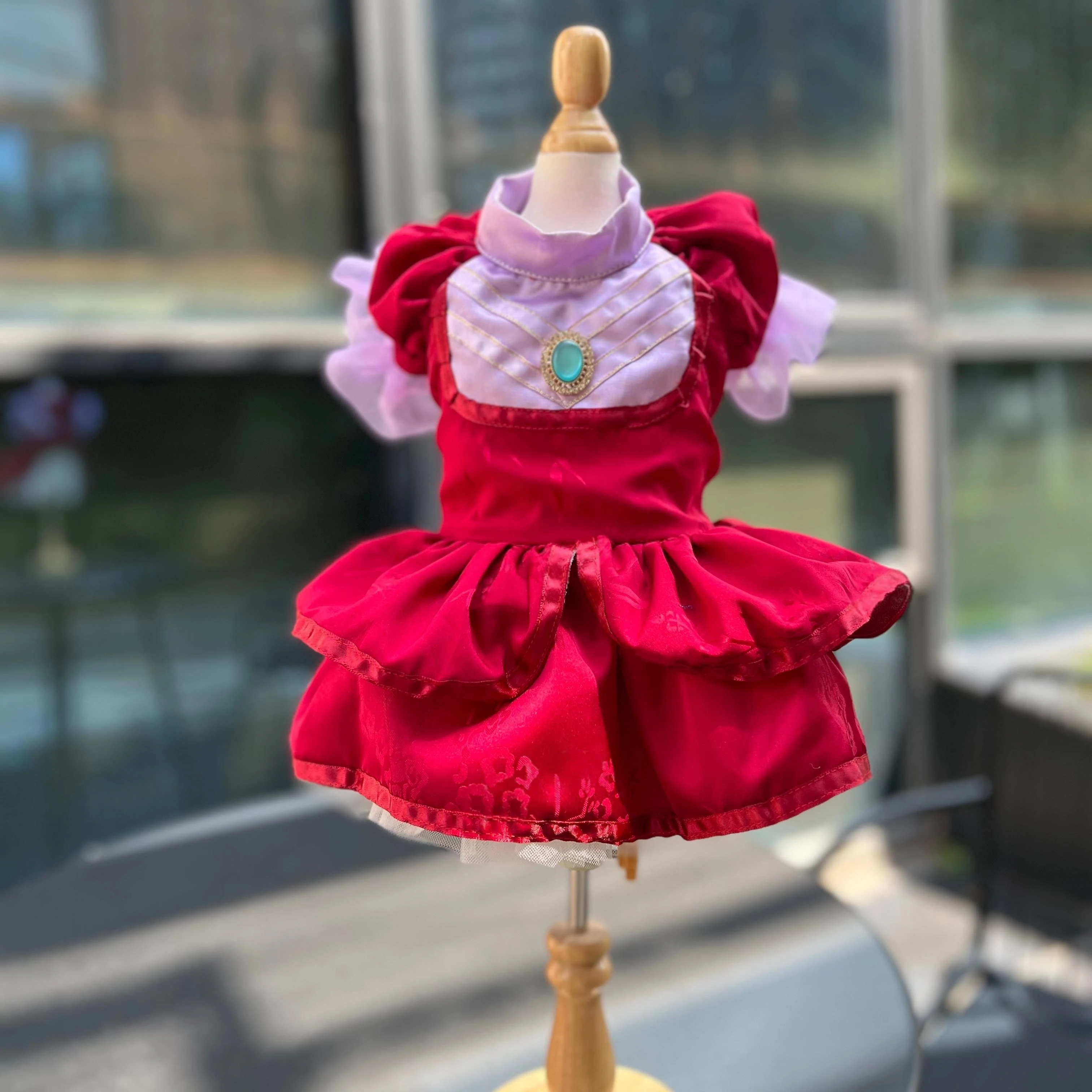 Princess Dress for Pets Red/Purple Contrast Puff Short Sleeve Gem Decor Layered Ruffle Cosplay Party Costume Clothes
