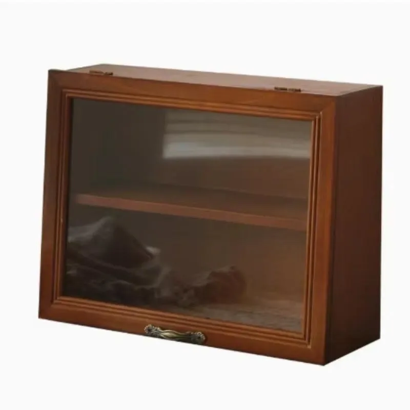 Retro Solid Wood Rectangle Blind Box Display Rack with Flip Glass Door Dustproof Two Layer Cosmetic Storage Shelf Organizer