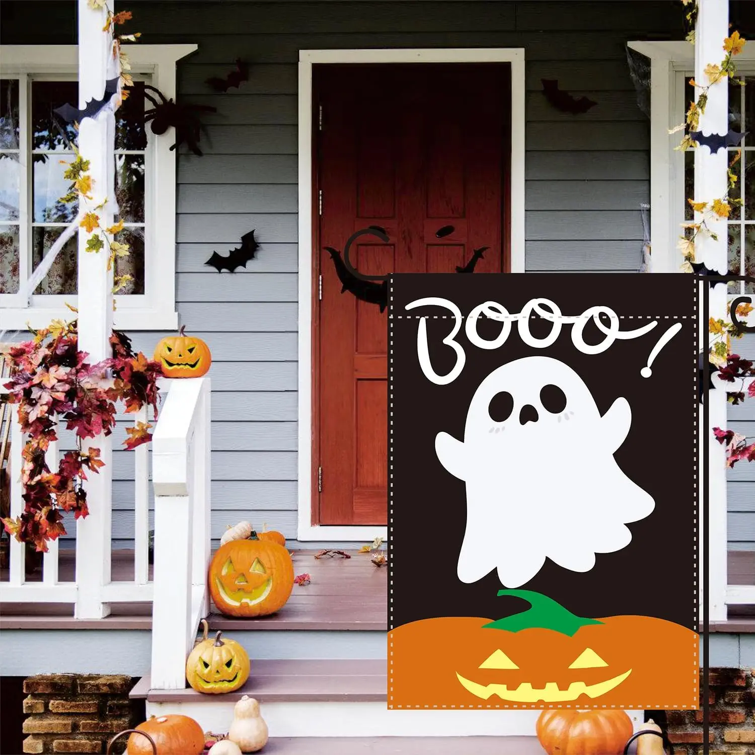 هالوين شبح حديقة العلم اليقطين شبح بو أبيض وأسود برتقالي 12x18 على الوجهين هالوين عطلة حفلة فناء ديكو FFI