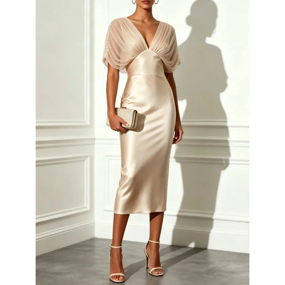 Customized Ruched V Neck Mother of Birde Dresses 2026 Satin Champagne Women‘s Wedding Party Attire Gowns Elegant Evening Dress