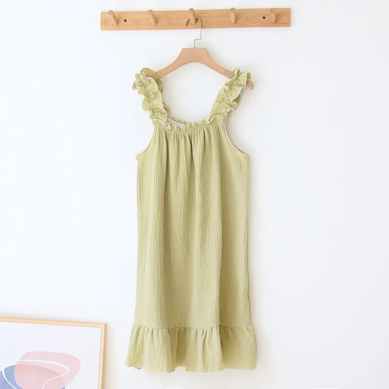 Soft Seersucker Nightdress Suspender Women\'s Cotton Nightgown Summer Cool Home Wear Dress Outside Wear Cute Sleepwear Nightwear