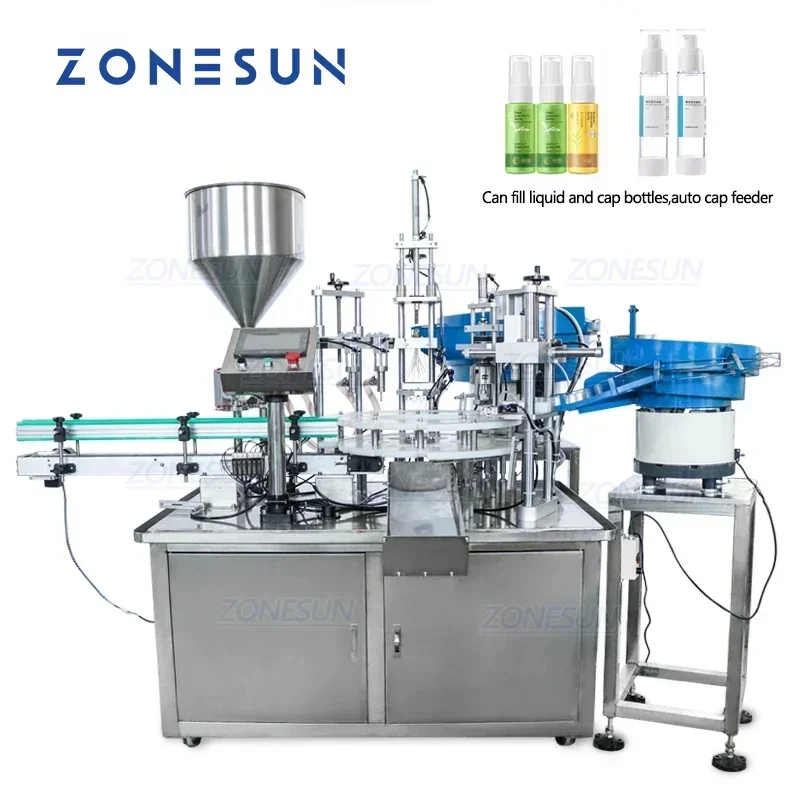 ZONESUN ZS-AFC2 Full Automatic Filling Capping Machine for Plastic Glass Bottles of Perfume, Shampoo, Nail Polish
