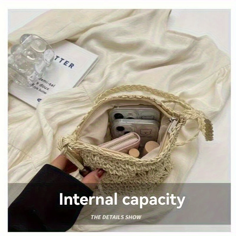 Modische Damen-Schultertasche aus gewebtem Stroh mit einem lässigen, einfachen und vielseitigen Design, der perfekte Touch für den sommerlichen Strand-Look. Leichtes und offenes Design, perfekt für Strandtouren und Outdoor-Wanderungen, eine ideale Wahl für Urlaubsgeschenke. – Detail 4