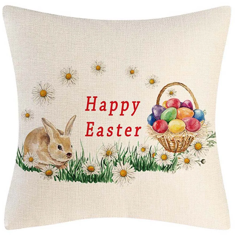 Happy Easter Decoration Pillowcase Sofa Cushion Cover For Home Party Decor Bunny Printed Polyester Throw Pillow Case 45x45cm