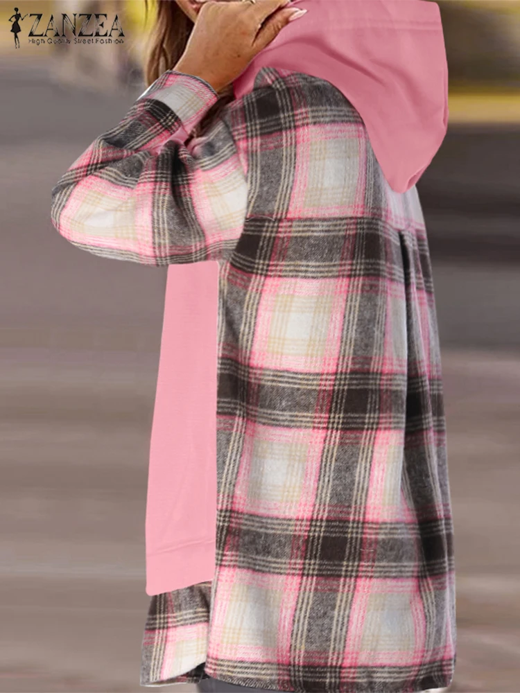 

ZANZEA Women Winter Warm Pullovers 2025 Autumn Vintage Plaid Patchwork Hoodies Casual Long Sleeve Loose Hooded Sweatshirts Tops