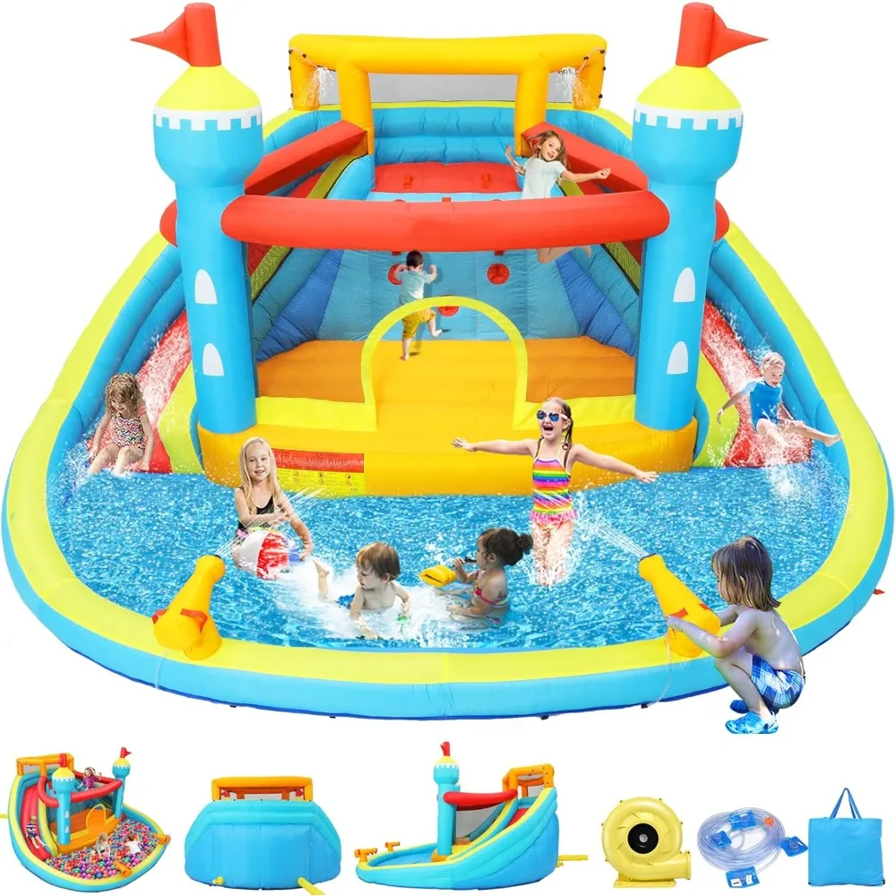 

Water Slide Bounce House, 14.1x13.8x7.5FT Double Lane Mega Waterpark w/Large Climbing Wall, 2 Water Cannon & Giant Splash
