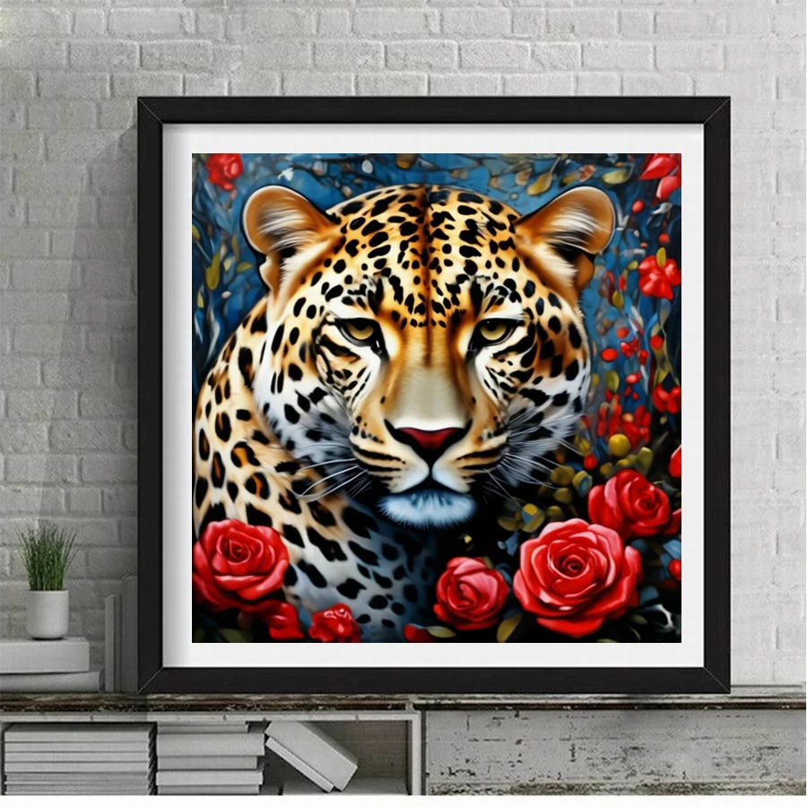 Fullcang Diy Diamond Painting New Collection Jungle Animal Leopard Full Rhinestone Art Mosaic Embroidery Red Flowers Picture