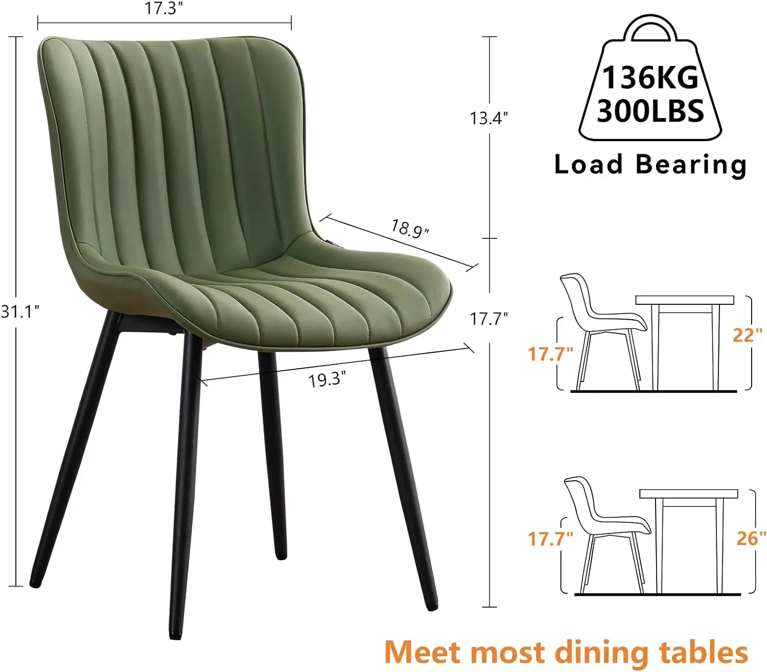 YOUNUOKE Olive Green Dining Chairs Set of 2 Upholstered Mid Century Modern Kitchen Chair Armless Faux Leather Side Chairs with