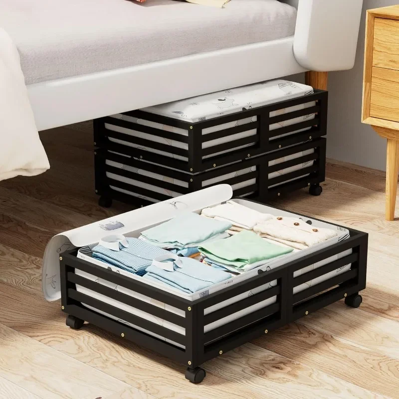 

Bamboo Under Bed Storage Containers- Underbed Organizer with Wheels Large Capacity Dust Bag,Sturdy Wood